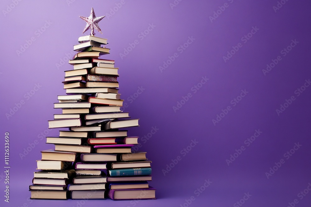 Christmas tree made of books on a violet background, , Christmas concept representing the holiday season and reading day Christmas tree made of books on a violet background, , Christmas concept representing the holiday season and reading day