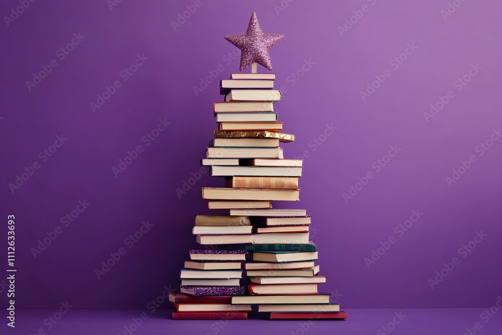Christmas tree made of books on a violet background, , Christmas concept representing the holiday season and reading day Christmas tree made of books on a violet background, , Christmas concept representing the holiday season and reading day