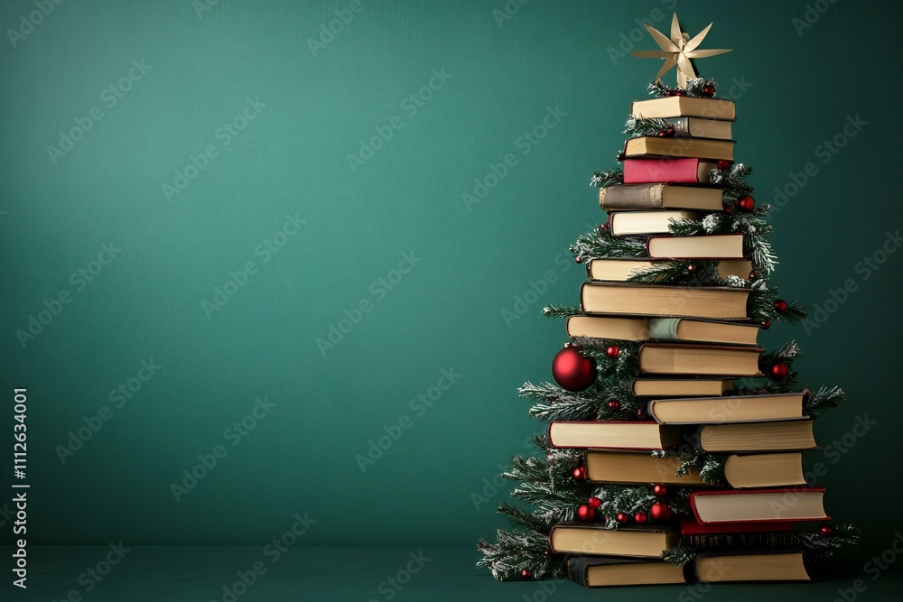 Christmas tree made of books on a green background, , Christmas concept representing the holiday season and reading day