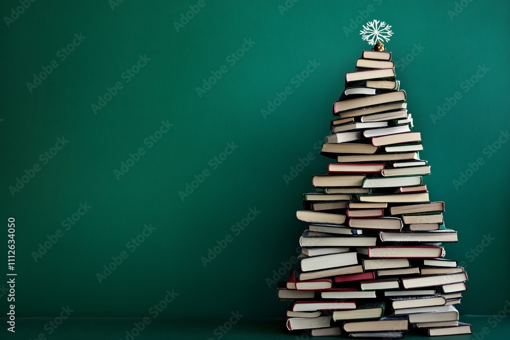 Christmas tree made of books on a green background, , Christmas concept representing the holiday season and reading day Christmas tree made of books on a green background, , Christmas concept representing the holiday season and reading day
