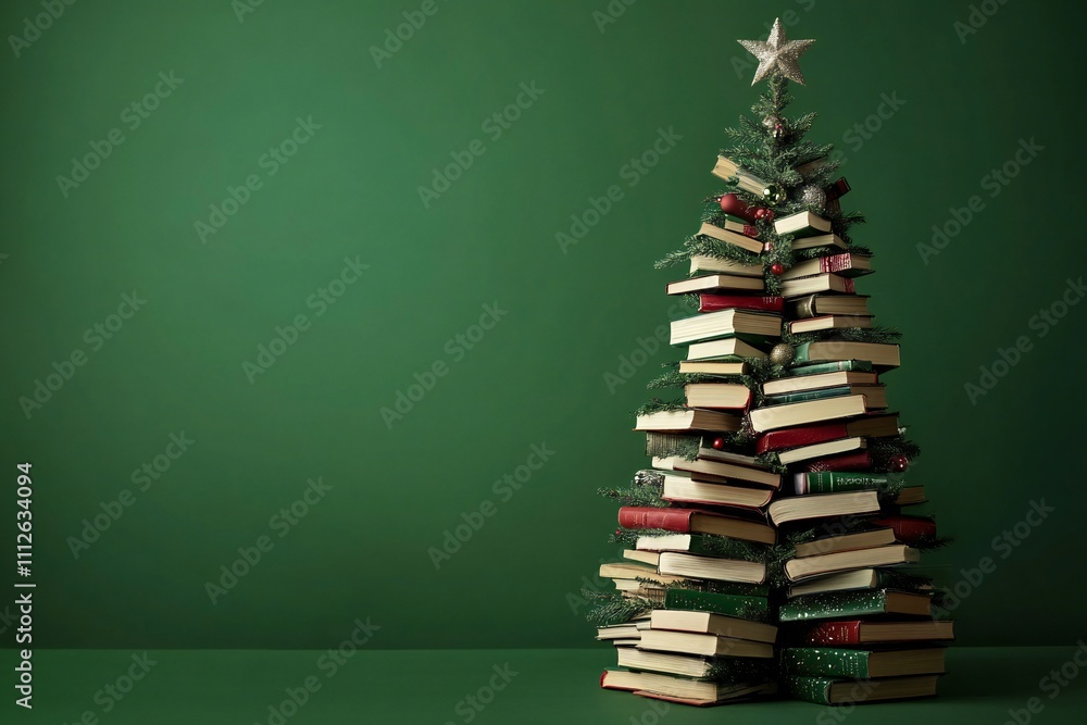 Christmas tree made of books on a green background, , Christmas concept representing the holiday season and reading day Christmas tree made of books on a green background, , Christmas concept representing the holiday season and reading day