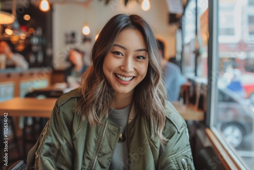 Portrait of a cheerful asian woman in her 20s wearing a trendy bomber jacket on bustling city cafe