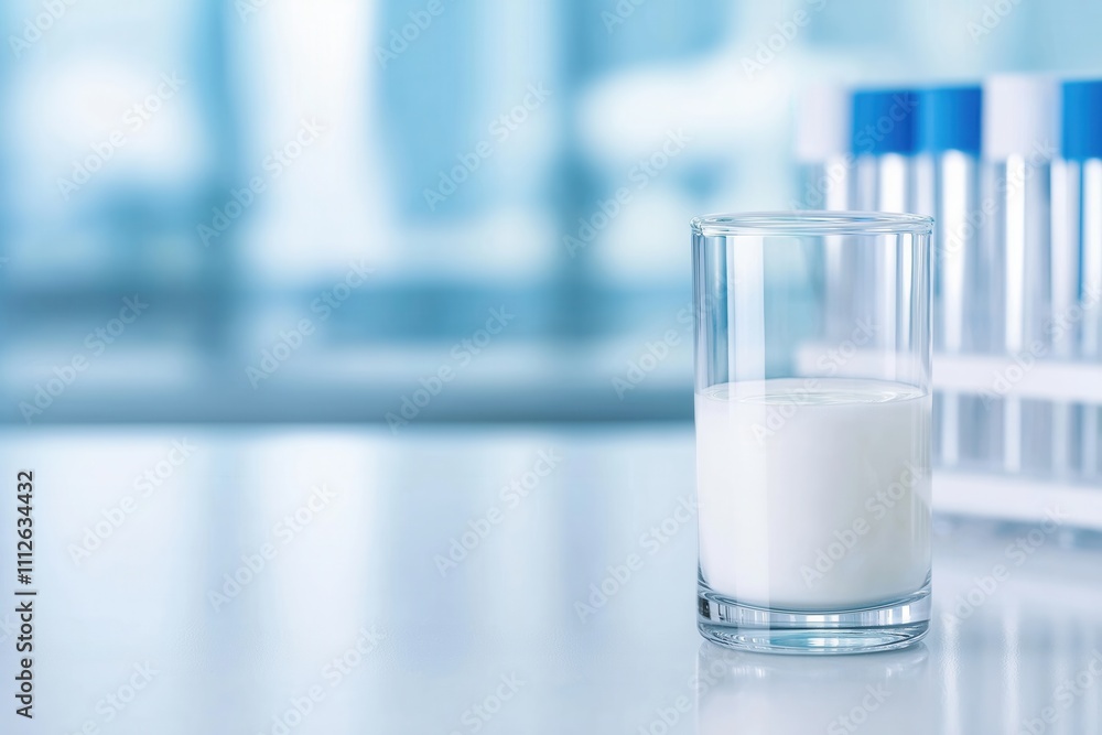 A tall glass filled with milk is calmly sitting on the dining table, right beside a series of test tubes that are neatly arranged. Cultural Significance of Milk, World Milk Day, Dairy Products A tall glass filled with milk is calmly sitting on the dining table, right beside a series of test tubes that are neatly arranged. Cultural Significance of Milk, World Milk Day, Dairy Products