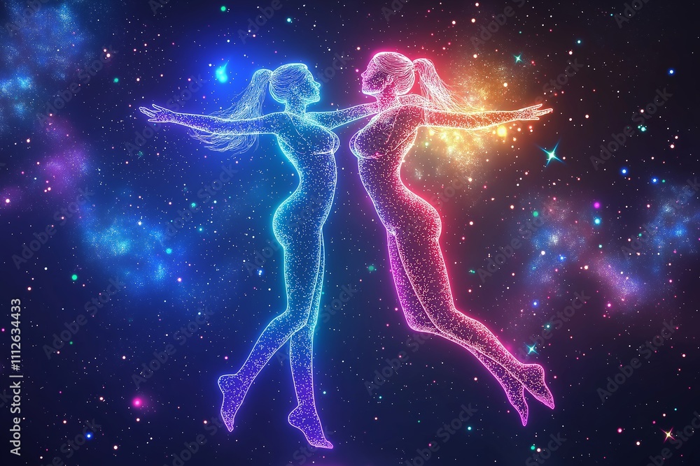 Naklejka premium A couple shares an intimate dance amidst a vibrant cosmic backdrop filled with swirling multicolor. The atmosphere radiates warmth and romance, celebrating love. Generative AI