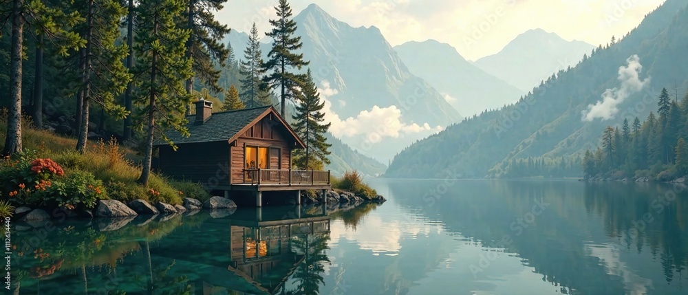 Fototapeta premium Idyllic Lakefront Cabin, Deciduous Forest, Aerial View, Scenic Landscape, Open Views, AI Photography, Cabin, Lake, Forest, Nature, Landscape Photography, Drone Shot, Tranquil,