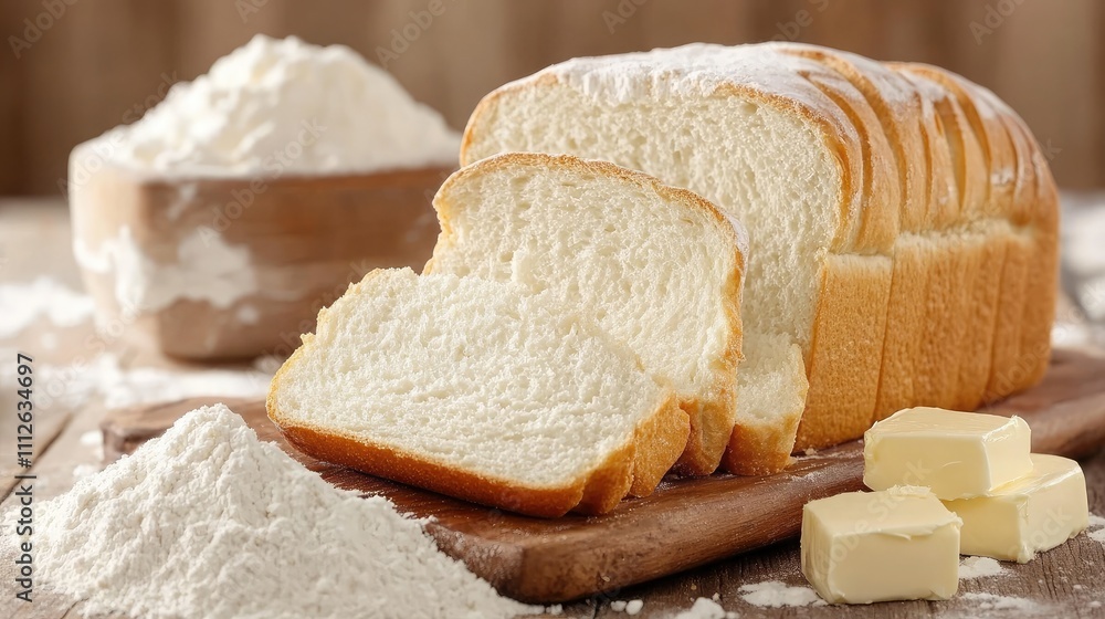Freshly Baked Loaf of Bread with Slices on Wooden Board Surrounded by Flour and Butter Perfect for Cooking or Baking Themed Projects Freshly Baked Loaf of Bread with Slices on Wooden Board Surrounded by Flour and Butter Perfect for Cooking or Baking Themed Projects
