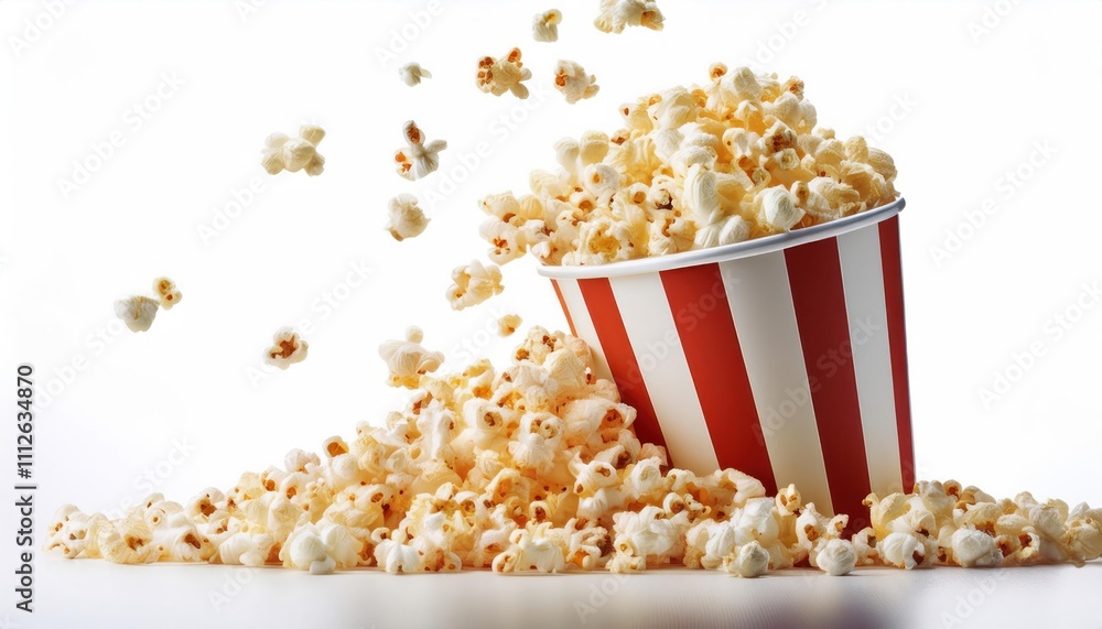 Popcorn in Red and White Striped Cardboard Box Isolated on White Background Popcorn in Red and White Striped Cardboard Box Isolated on White Background