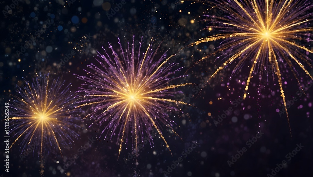 Three fireworks bursts of gold and purple against a dark night sky with sparkles.
Three fireworks bursts of gold and purple against a dark night sky with sparkles.