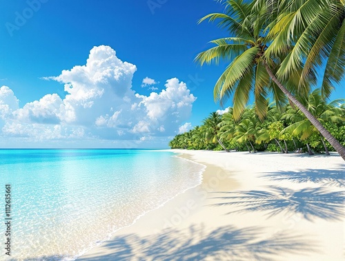 A picturesque island with a white sandy beach and crystal clear lagoon surrounded by swaying palm trees , tropical, lagoon, ocean view
