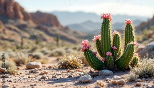 Cactus varieties and native succulent plants in the desert landscape with blue sky and clouds mountains cliffs rocks beautiful scenery