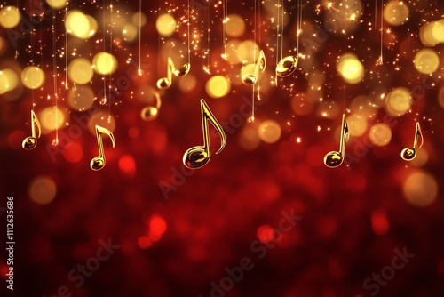 Floating golden music notes against a red xmas background, creating a magical and musical atmosphere