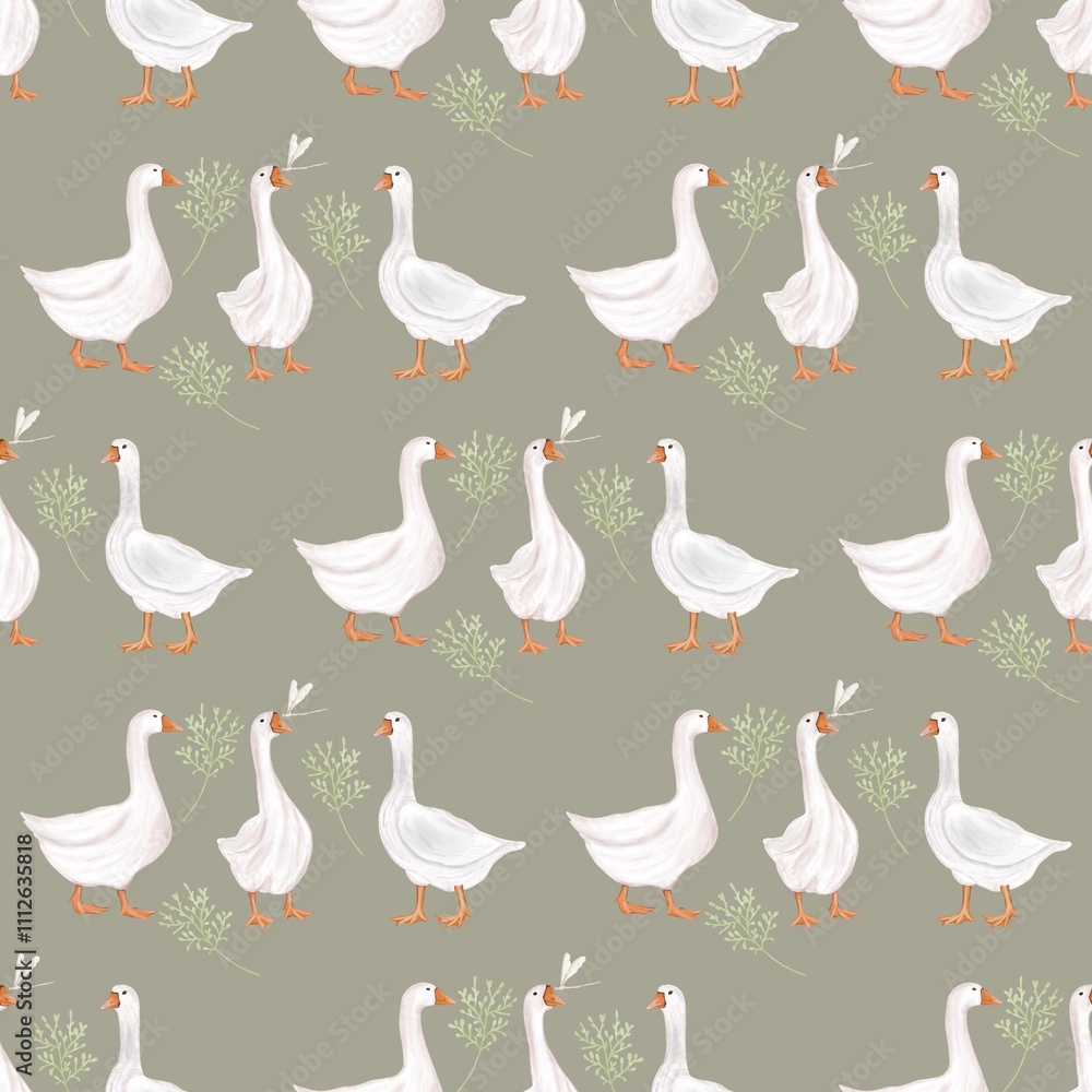 Goose with green leaves seamless pattern on olive background Goose with green leaves seamless pattern on olive background