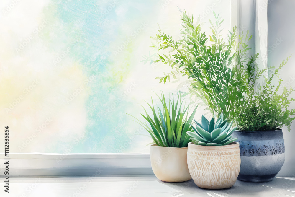 Potted plants on bright windowsill with soft artistic background, featuring succulents and greenery in ceramic pots, indoor gardening, home decor, copyspace for text or design Potted plants on bright windowsill with soft artistic background, featuring succulents and greenery in ceramic pots, indoor gardening, home decor, copyspace for text or design