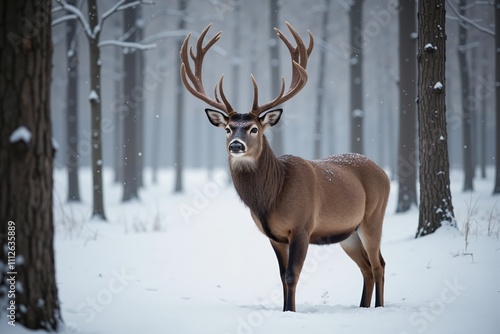 Majestic deer standing in a snowy forest, perfect for wildlife ads, holiday cards, or winter-themed projects. photo