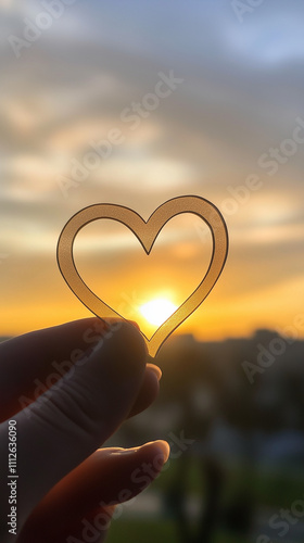 Heart-shaped cutout held against a glowing sunset, symbolizing love, hope, and inspiration. Perfect for romantic and uplifting themes