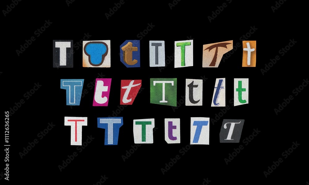 Set of letter “T” cut-out from magazines on a black background, retro y2k ransom font style Set of letter “T” cut-out from magazines on a black background, retro y2k ransom font style