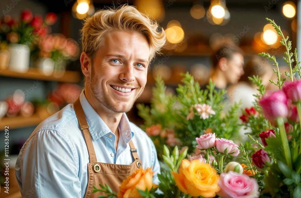 Fototapeta premium man florist, flower delivery, valentine's day
