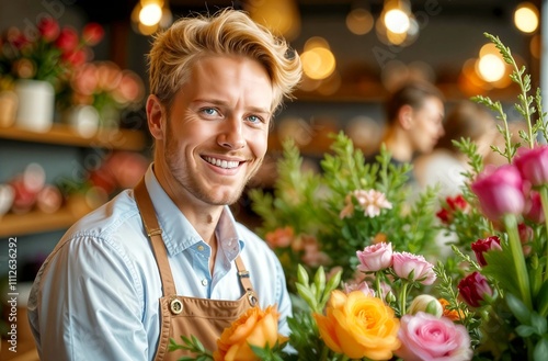 man florist, flower delivery, valentine's day photo