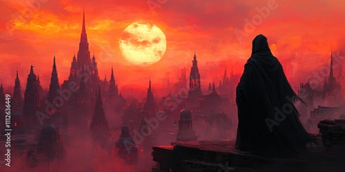 Cloaked Wanderer Approaches City of Glowing Spires Beneath Blood-Red Sunset, Enigmatic Atmosphere, Intriguing Journey Awaits photo