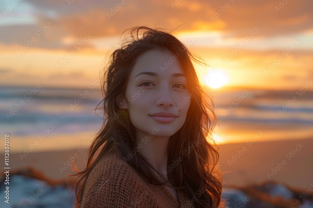 Portrait of a content woman in her 20s wearing a cozy sweater isolated in beautiful beach sunset Portrait of a content woman in her 20s wearing a cozy sweater isolated in beautiful beach sunset