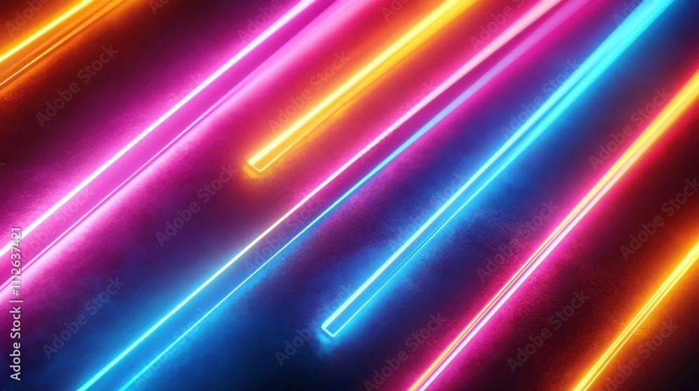 Vibrant neon lines in pink, blue, and orange create a dynamic, futuristic atmosphere. Vibrant neon lines in pink, blue, and orange create a dynamic, futuristic atmosphere.