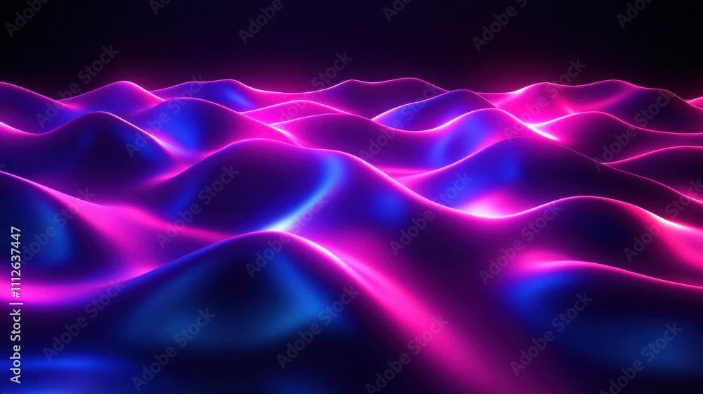 Naklejka premium A mesmerizing landscape of glowing waves in vibrant pink and blue hues, creating a surreal and futuristic ambiance.