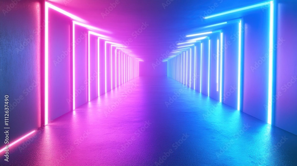 A vibrant empty corridor illuminated by pink and blue neon lights, creating a futuristic ambiance. A vibrant empty corridor illuminated by pink and blue neon lights, creating a futuristic ambiance.