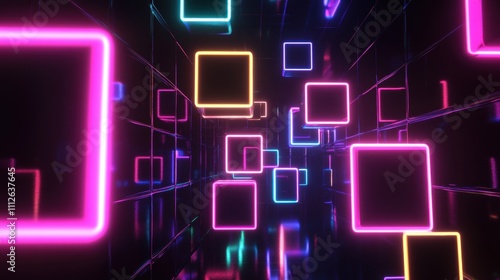 Fototapeta Naklejka Na Ścianę i Meble -  A vibrant and futuristic neon tunnel with glowing squares in various colors, creating an immersive visual experience.