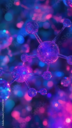 A close up of a blue and purple molecule with a purple and blue background. The image has a dreamy, ethereal quality to it, with the colors blending