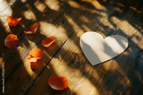 Minimalistic paper heart surrounded by scattered rose petals, with soft light streaming across a wooden surface. Perfect for love, romance, and Valentine’s Day themes