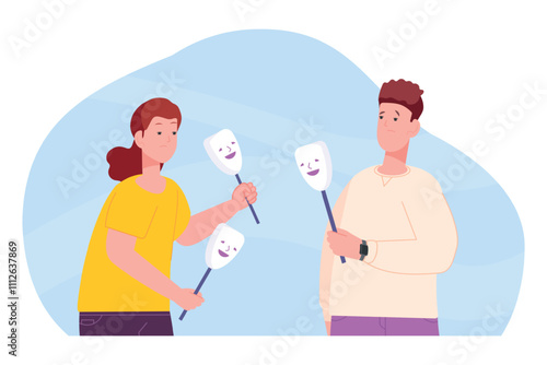 People hide emotions. Man woman couple hiding emotion under mask, personality upset friends hypocrisy concept face expression disguise fake pretending liar vector illustration