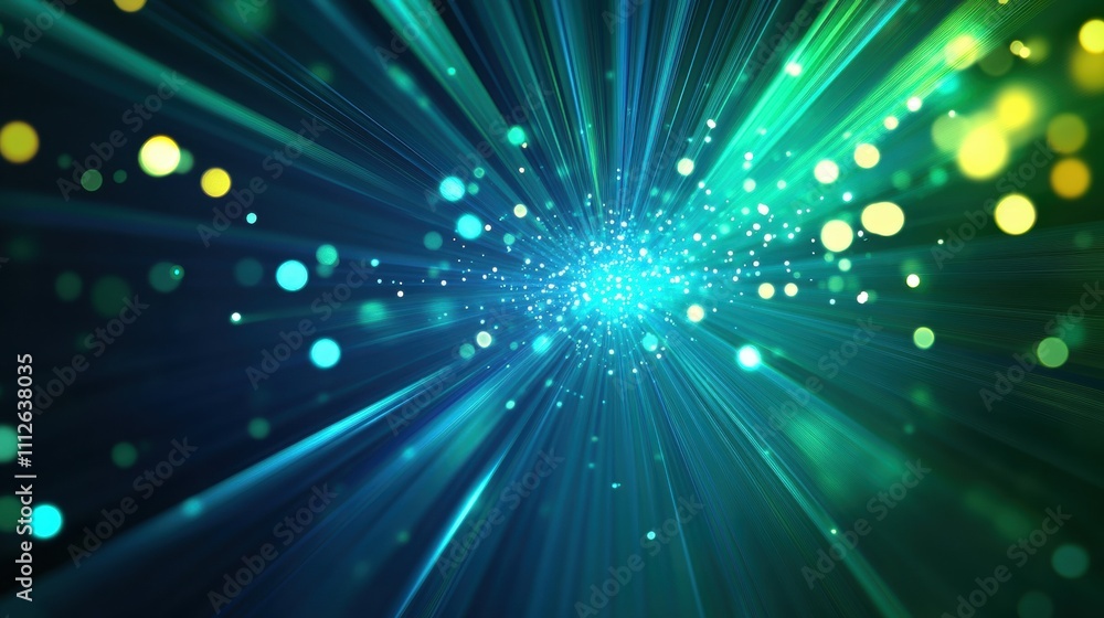 Fototapeta premium A vibrant explosion of blue, green, and yellow lights radiating outward, creating a dynamic and energetic visual effect.