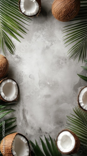 A close up of a bunch of coconuts with green leaves surrounding them. The coconuts are cut in half and arranged in a circle