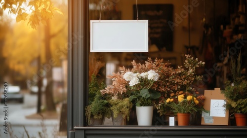 Blank store sign and autumn floral display on a cozy streetfront photo