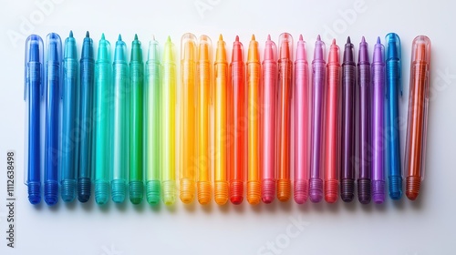 A set of colorful gel pens arranged in a rainbow gradient, placed neatly on a white background. The vibrant hues and clean layout make the composition visually striking. Perfect for creative 