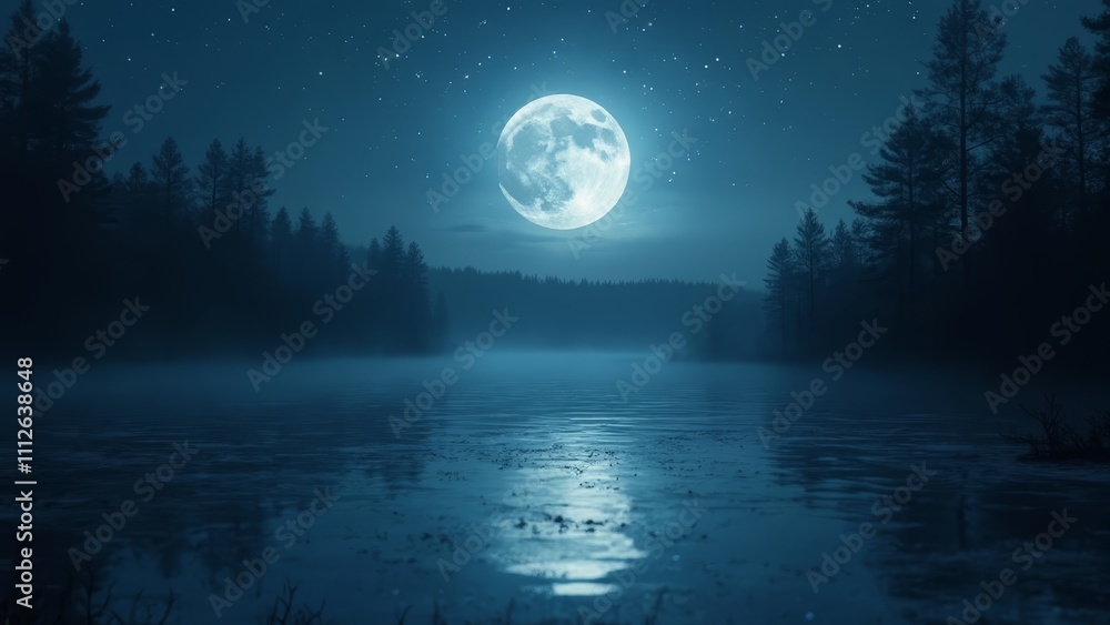 A full moon over a lake with trees in the background A full moon over a lake with trees in the background