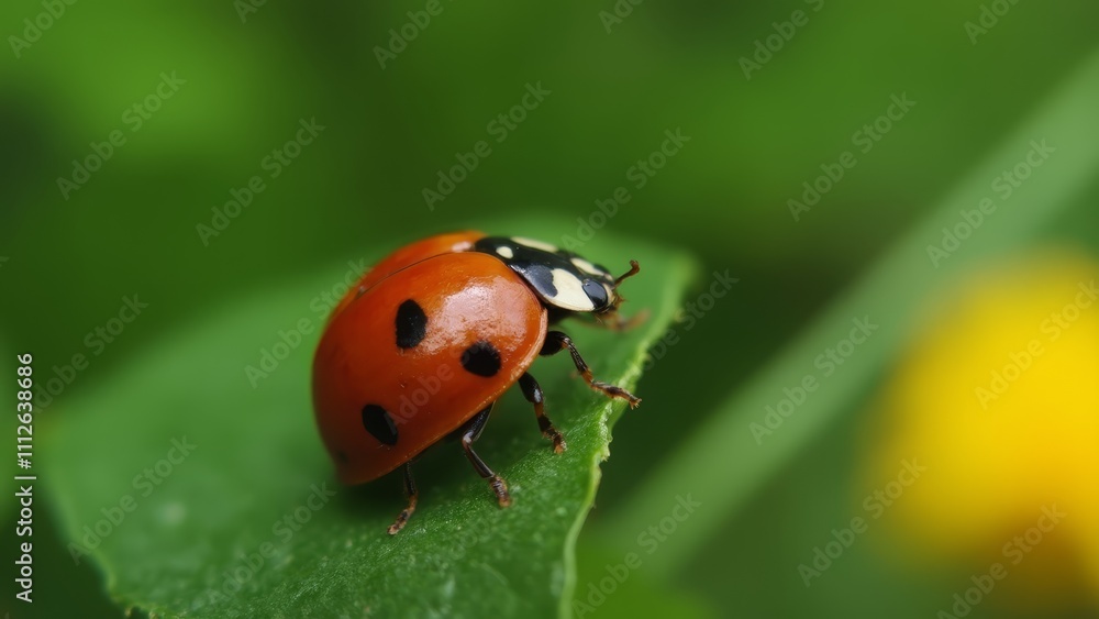 Fototapeta premium A ladybug sitting on a green leaf with a yellow flower in the background