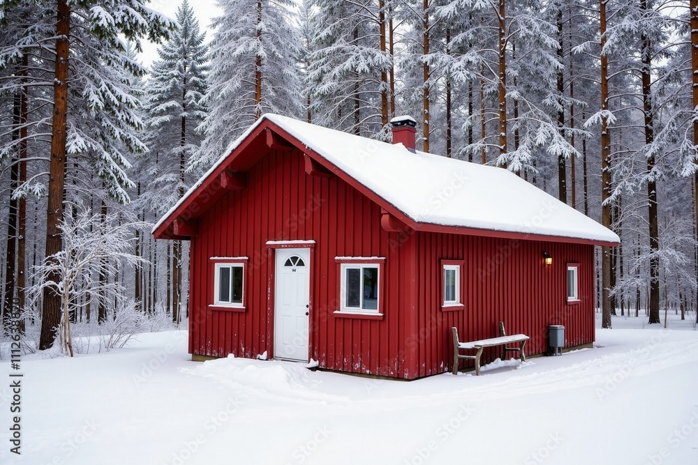 Cozy red cabin in snowy winter forest setting with pine trees and fresh snowfall. Cozy red cabin in snowy winter forest setting with pine trees and fresh snowfall.