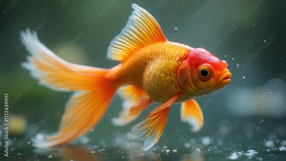 A goldfish swimming in a pond with water droplets A goldfish swimming in a pond with water droplets