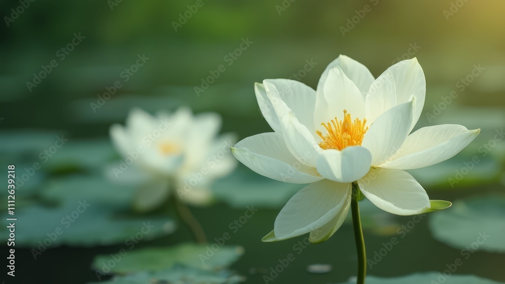 A white lotus flower in the middle of a pond with green leaves A white lotus flower in the middle of a pond with green leaves