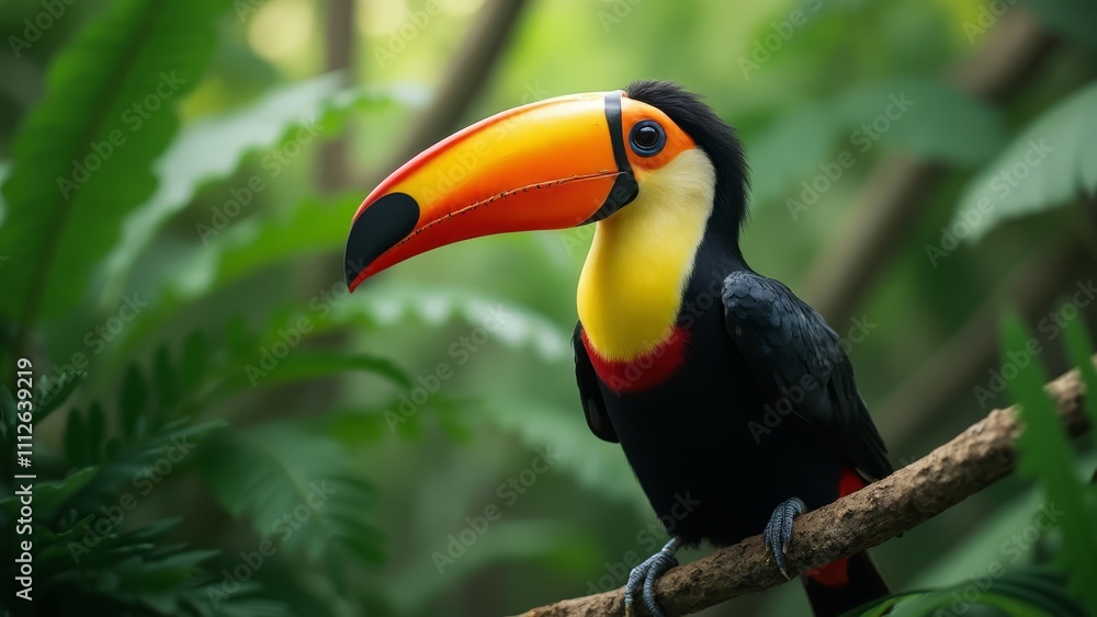 A colorful bird sitting on a branch in a forest A colorful bird sitting on a branch in a forest