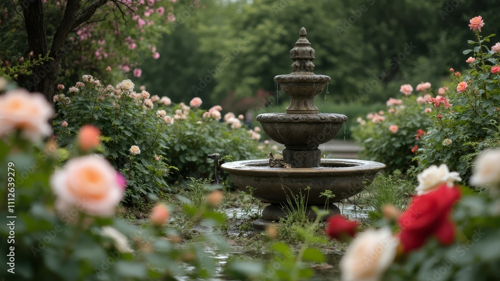 A fountain in the middle of a garden surrounded by roses A fountain in the middle of a garden surrounded by roses