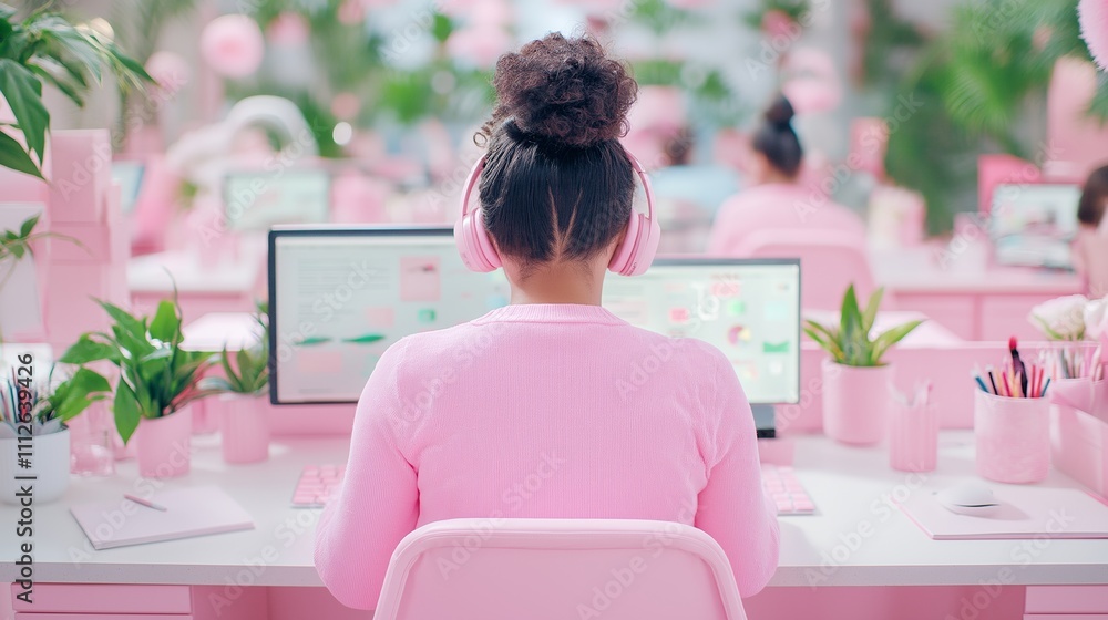 Female office worker sitting at a desk wearing a pink sweater and headphones, working on a computer surrounded by potted plants and other pink themed office supplies. Female office worker sitting at a desk wearing a pink sweater and headphones, working on a computer surrounded by potted plants and other pink themed office supplies.