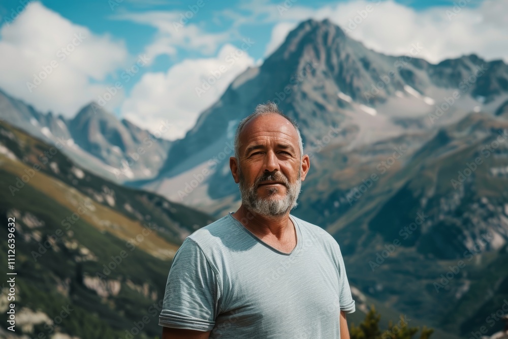 Naklejka premium Portrait of a blissful man in his 50s dressed in a casual t-shirt over backdrop of mountain peaks