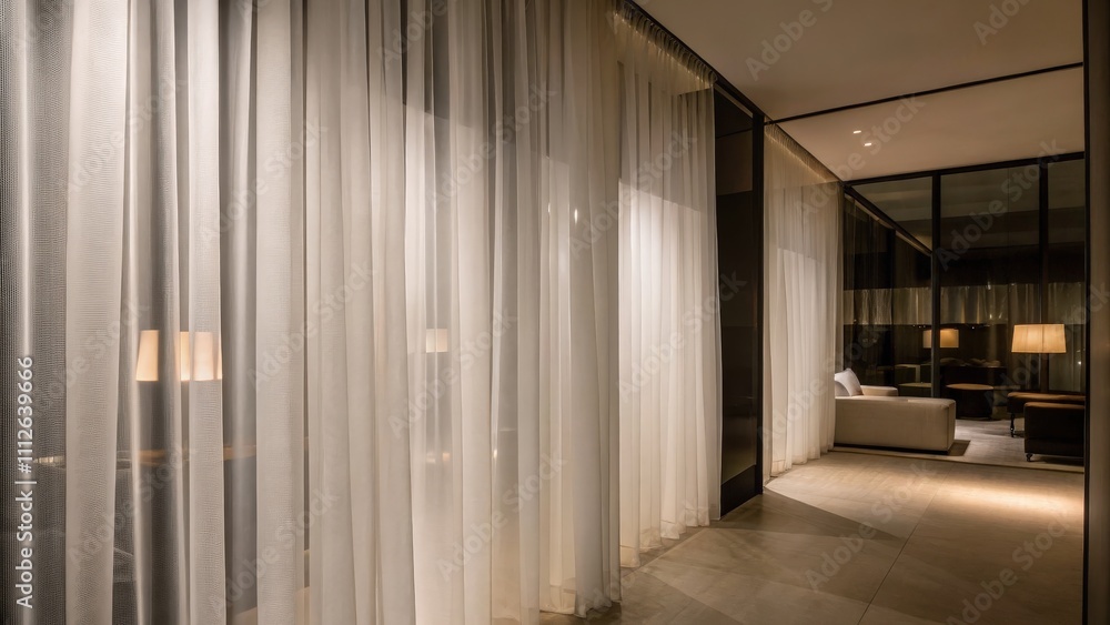 Fototapeta premium Elegant Sheer Curtains in Modern Interior Setting