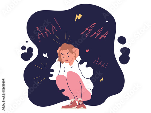 Post traumatic stress. Sad woman psycho obsessive compulsive issues, mental disorder ptsd depression traumatic pain anxiety loneliness obsessed person vector illustration