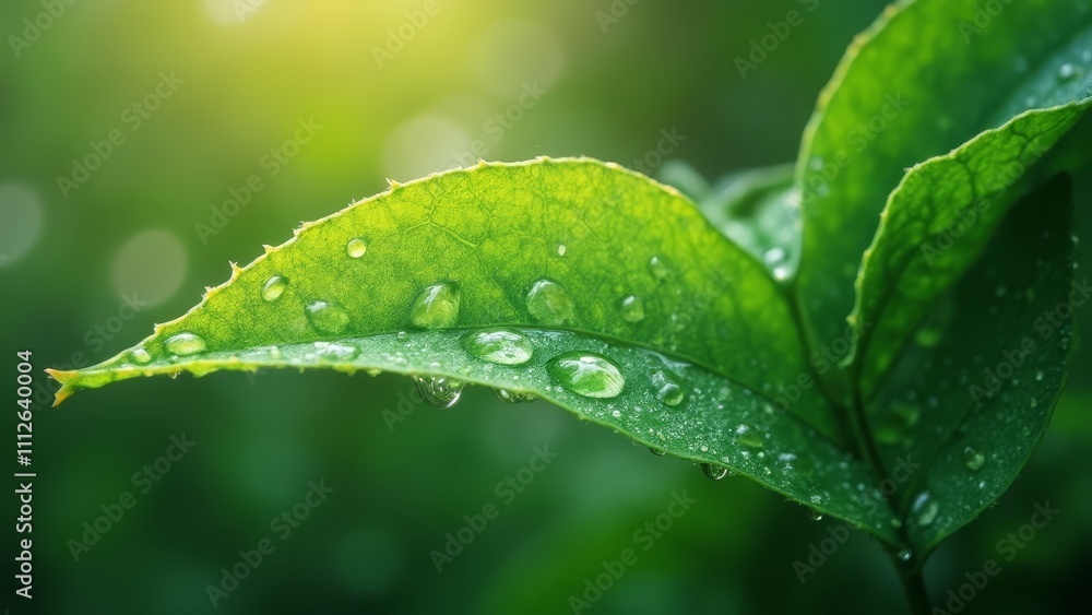 A green leaf with water droplets on it A green leaf with water droplets on it