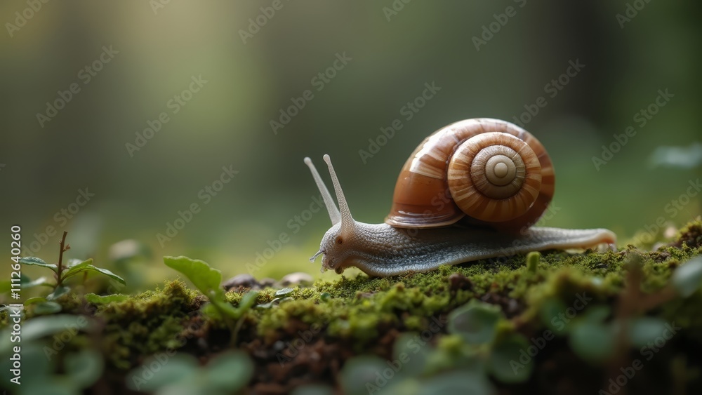 A snail crawling on a moss covered ground A snail crawling on a moss covered ground