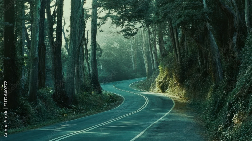Fototapeta premium Serene winding road through a lush forest landscape.