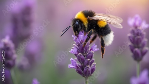 A bee is sitting on a lavender flower